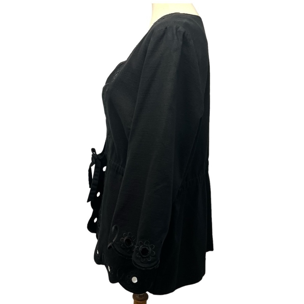 Bob Mackie Art To Wear Black Cotton Floral Eyelet Tie Waist Jacket Womens Large - Picture 6 of 11